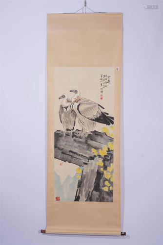 A CHINESE PAINTING OF FALCONS ON ROCK
