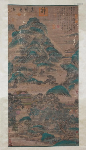 A CHINESE SILK PAINTING OF MOUNTAIN PAVILIONS
