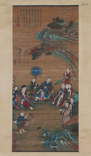 A CHINESE SILK PAINTING DEPICTING FIGURES STORY