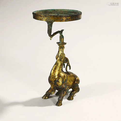 Ancient gilt bronze deer lamp