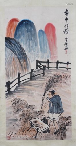 A CHINESE PAINTING OF THRESHING