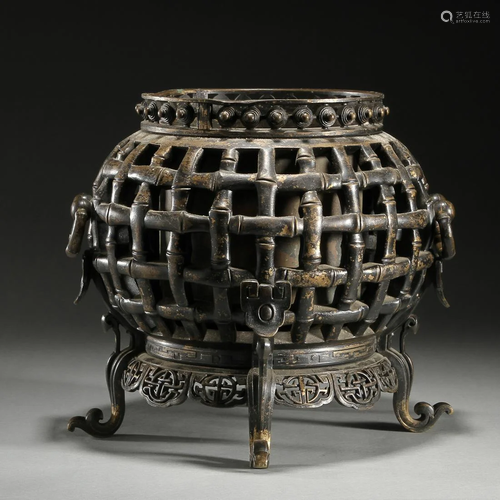 Bronze three-legged incense burner with bamboo joints,