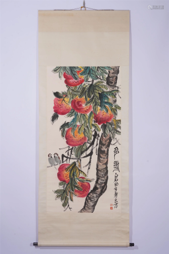 A CHINESE PAINTING OF BIRDS AND LONGEVITY PEACHES