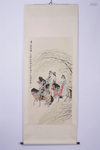 A CHINESE PAINTING OF BEAUTIES ON HORSES