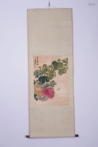 A CHINESE PAINTING OF FLOWERS AND INSECT