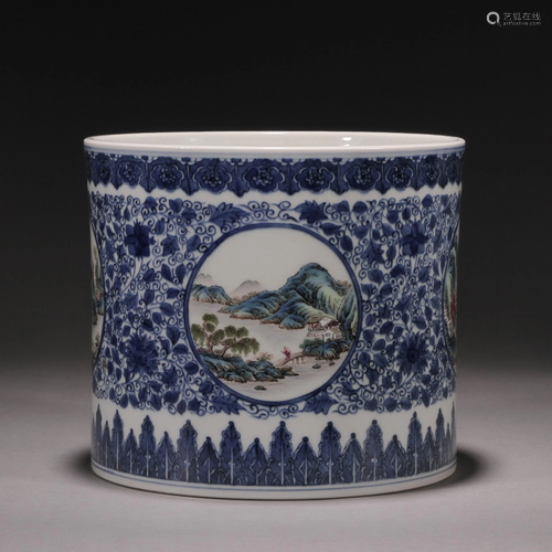 Blue and white pastel landscape brush pot