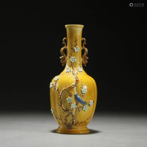 Yellow glaze carved vase with six sides