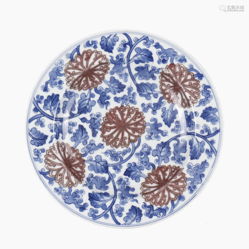 A pair of Chinese blue and red glazed porcelain plates.