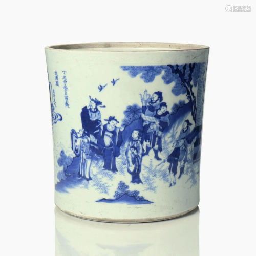 A Chinese blue and white porcelain brush pot.