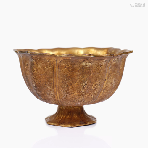 A Chinese gold-color metal carved porcelain bowl with