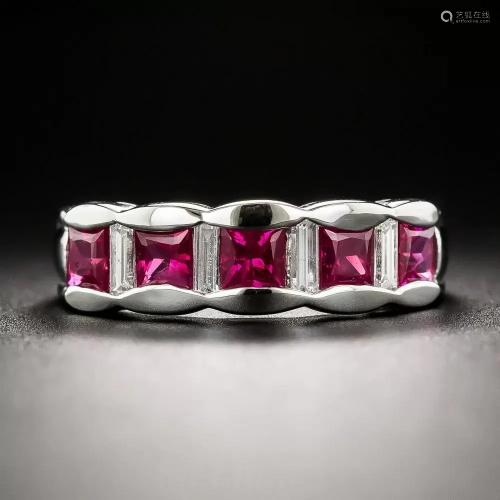 18k white gold ruby and diamond band ring.