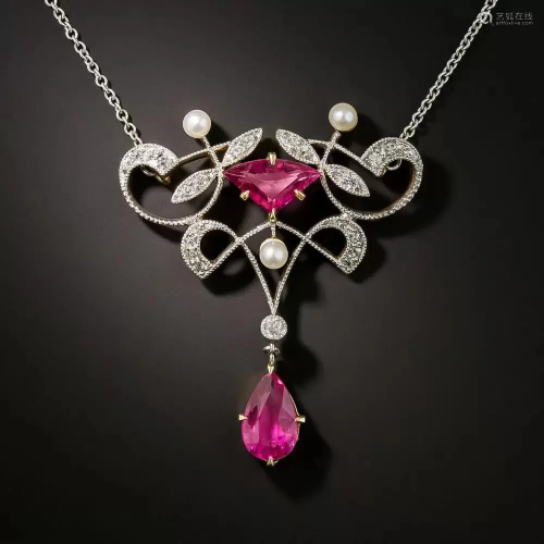 18K gold platinum necklace with pink tourmaline and
