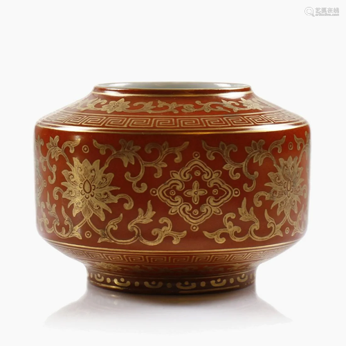 A Chinese gild coral-ground porcelain water pot.