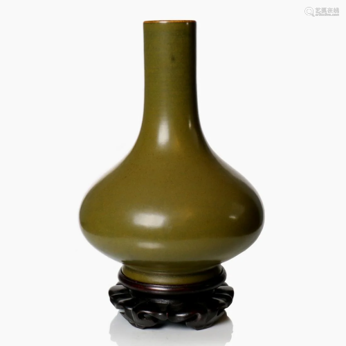 A Chinese tea dust glazed porcelain vase with wood