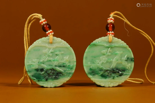 Qing Dynasty - A Pair of Jadeite 'Magpie & plum'