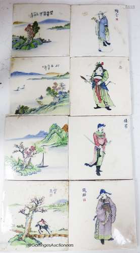 Four Chinese landscape tiles and four Chinese figurative til...