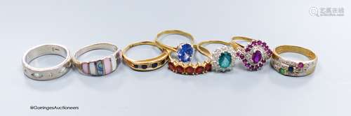 Six 9ct gem-set rings, gross 15.2 grams two white metal ring...