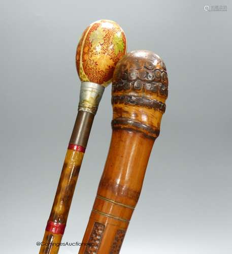 A Japanese carved bamboo walking stick and a Persian polychr...