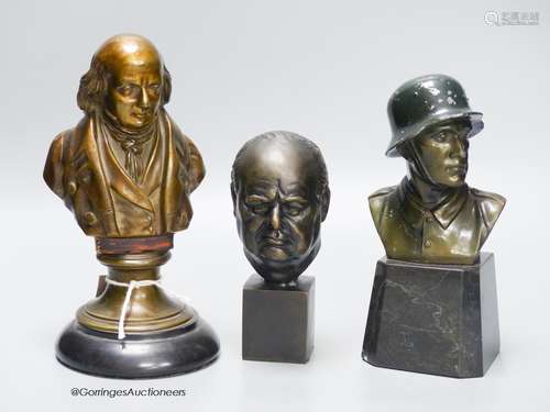 Three cast metal portrait busts, tallest 22cm