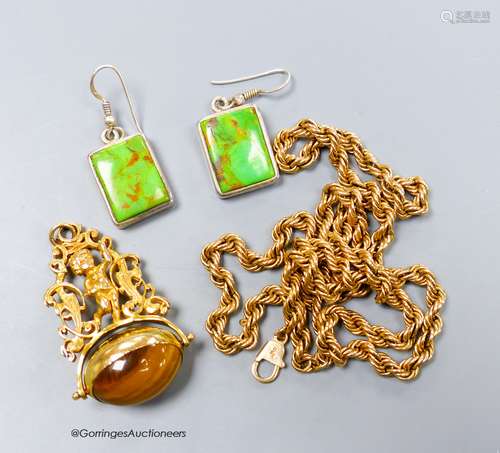 A 9ct. gold chain, 11.3 grams, a yellow metal and tiger's ey...