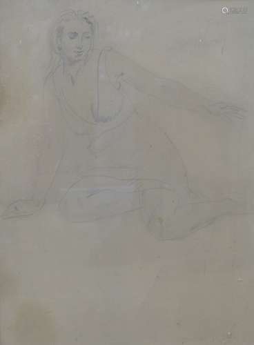 Dame Ethel Walker, pencil on buff paper, Study of a kneeling...