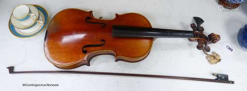 A Lowendall violin, labelled Stradivarius, 58cm long, togeth...