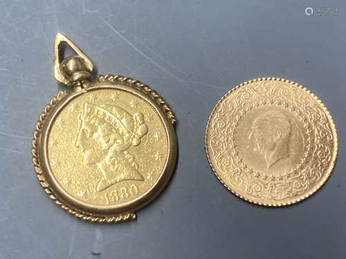 Two gold coins including one mounted as a pendant, gross 14....