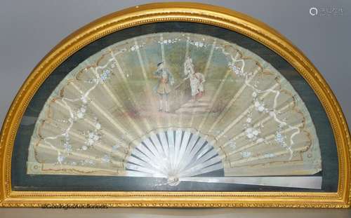 A late 19th century French painted silk fan, 39 x 20cm, case...