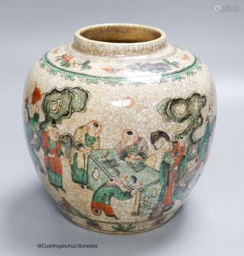 A Chinese famille verte crackle jar, early 20th century, 18c...