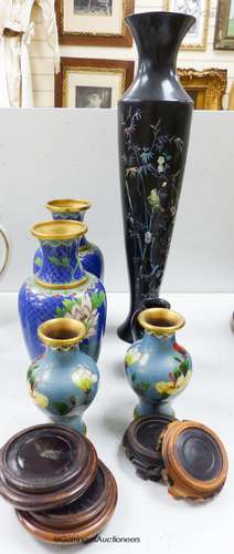 A pair of Chinese cloisonne vases and a smaller pair of cloi...