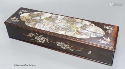 A Chinese Hongmu and mother of pearl brush box, 40cm long