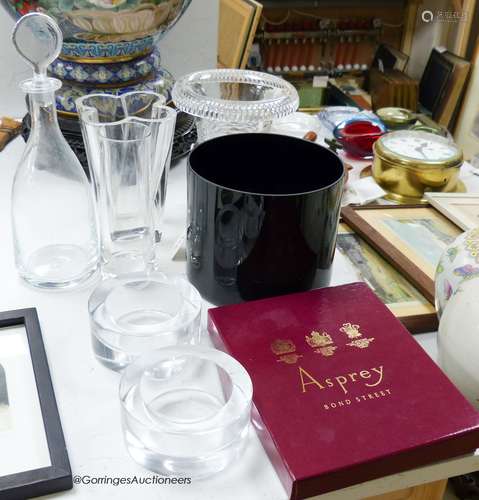 A boxed Aspreys cut glass and plate photgraph frame and seve...