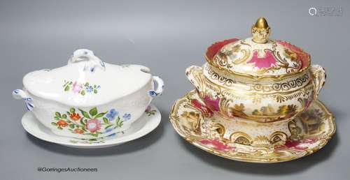 A Spode moulded sauce tureen, cover and stand painted with f...