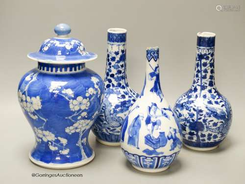 A pair of Chinese blue and white 'dragon' bottle vases, a pr...