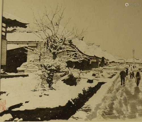 Sumio Suzuki, watercolour, Ouchi-Juku in the first snow, Jap...