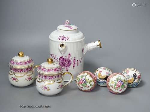 A Continental chocolate pot and two cups and covers and four...