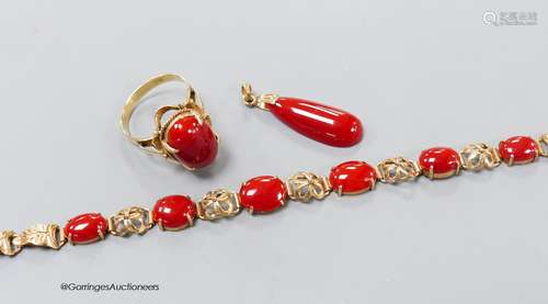 A modern 14k yellow metal mounted coral bracelet, pendant an...