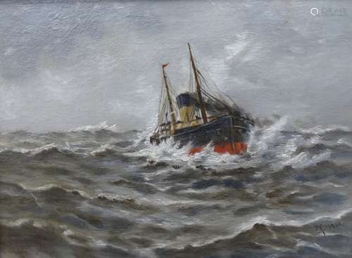 Nigel Terry, oil on canvas, Seascape of a trawler through ro...