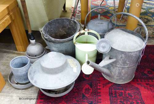 A quantity of galvanized buckets, watering cans and other it...