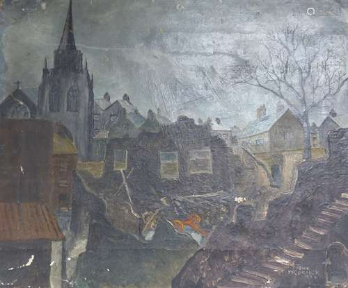 John McCormick, oil on canvas, Townscape during The Blitz, s...