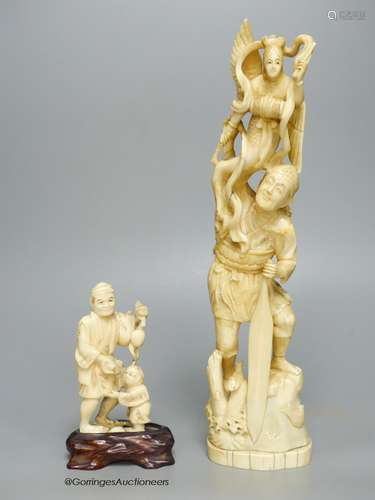 Two early 20th century Japanese walrus ivory okimono, talles...