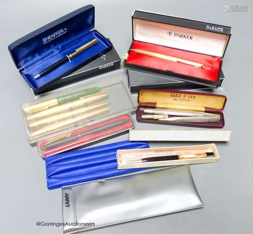 A group of Parker fountain ballpoint pens, Yard-O-Led pencil...