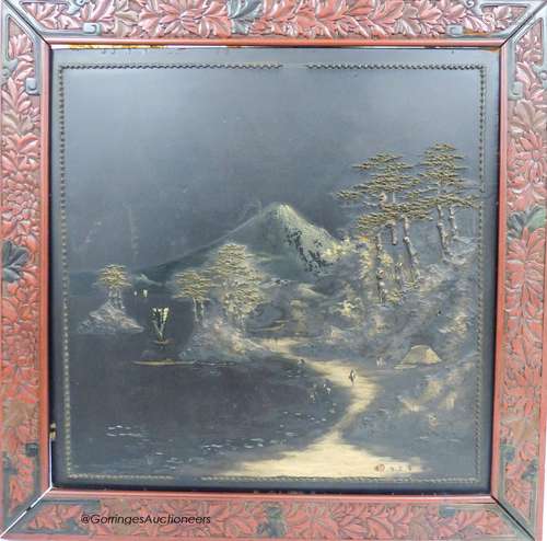 A Japanese lacquer landscape panel, in red lacquered frame, ...