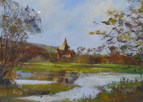 Sue Davies, oil on paper, View of Alfriston Church, 35 x 26c...