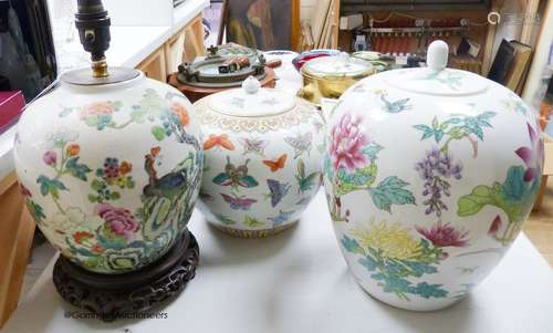 Two Chinese jars and covers and another converted to a lamp,...