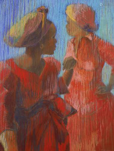 Em Isaacson, pastel on paper, 'Leaving the Market', signed, ...