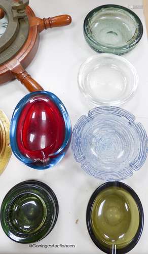 A group of six ashtrays, Murano, Whitefriars, Bakelite