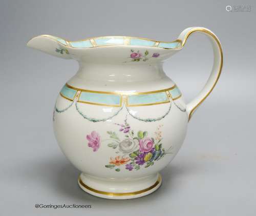 A Chelsea Derby jug of most unusual shape painted with flowe...