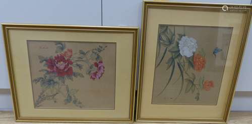 A pair of Chinese watercolours on silk, Butteflies among peo...