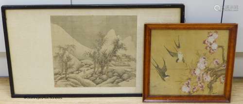 A late 19th century Chinese landscape painting on silk and a...